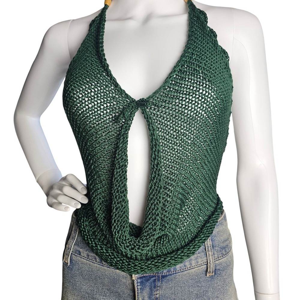 Handmade Knit Halter‎ Top | Women | Green | S/M | Boho | Cowl Neck Drop